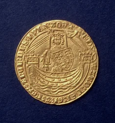 Adel av Edvard III (1312-77) framsida som visar kungen på ett skepp, Calais mint, intro. 1344 (guld) (för baksidan se: 110161)