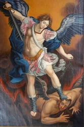 Our Lady of the Assumption of Cordon Church. Ärkeängel som dödar Satan som en drake. Målning. Frankrike. Frankrike.