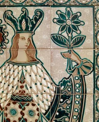Målad majolikapanel som visar allegoriska scener, Santo Stefano di Camastra, Sicilien, Italien, Detalj