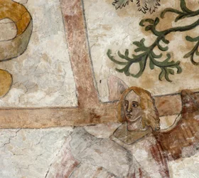 Församlingskyrka (Parochiekerk Sint-Martinus). Interiör. Norra korsningen. Väggmålningarna på valven.