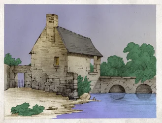 Bondehus vid kanten av en flod. cirka 1830 (illustration)