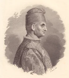 Porträtt av hertig av Milano, Filippo Maria Visconti (1392-1447), kopparstick av F Clerici från porträtt utgiven av Antonio Campo