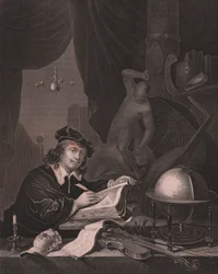 Porträtt av den holländska målaren Gerrit Dou (1613-1675), gravyr av Albert Henry Paine från målningen Gerrit Dou, från Paynes Royal Dresden Gallery, av Albert Henry Payne, H Payne Dresden och Leipzig förlag, cirka 1840