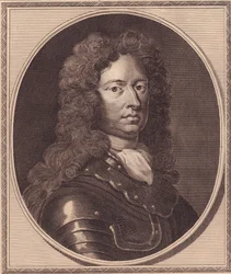 Porträtt av den engelske soldaten Thomas Tollemache (cirka 1651-1694), kopparstick av John Goldar (1729-1795) från målning av G Kneller