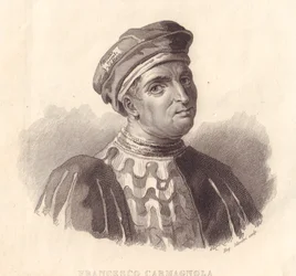 Porträtt av den italienske militärledaren Francesco da Bussone även känd som Carmagnola (1380-1432), kopparstick av E Silvestri från målning