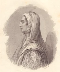 Porträtt av den italienska adelsdamen Beatrice Lascaris di Tenda (1372-1418), kopparstick av G Fusinati från porträtt utgiven av Antonio Campo