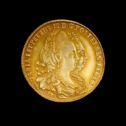 Portugisiskt mynt föreställande drottning Maria I och hennes kunggemål Pedro III