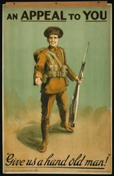 Rekryteringsaffisch "An Appeal to You", Ge oss en hand gubbe! 1915 (lito i färg)