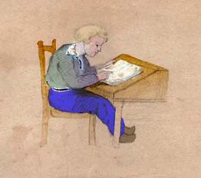 Skolpojke på jobbet på sitt skrivbord. cirka 1830 (illustration)