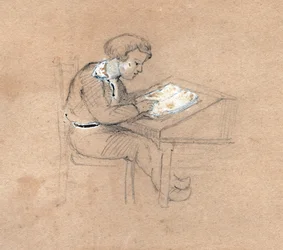 Skolpojke på jobbet på sitt skrivbord. cirka 1830 (illustration)