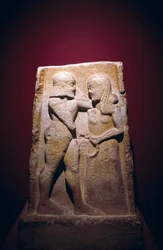 Stele föreställande Menelaos och Helena, hittad i Sparta, Grekland, grekisk civilisation, slutet av 700-talet f.Kr.