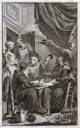 Festen för munkar som bryter mot klosterreglerna. De dricker vin, uppvaktar pigor. 1700-tal (gravyr)