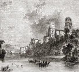 Vy över Durham och katedralen, sett från floden Wear, Durham, England