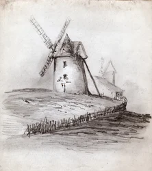 Väderkvarn i Normandie, Frankrike. cirka 1830 (illustration)
