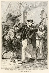 Efter att kraftfullt stött bort de killar som erbjöd sin hjälp, från Jorden runt på åttio dagar av Jules Verne (1828-1905), graverad av Henri-Théophile Hildebrand (1824-1897) 1873 (gravyr