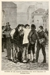 Läsare av alla klasser slukade nyheterna om Phileas Fogg, från Around the World in Eighty Days av Jules Verne (1828-1905), graverad av Louis Dumont (f.1822) 1873