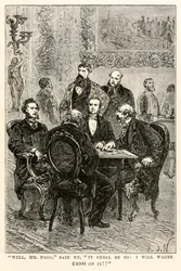 Jo, herr Fogg, sa han, det ska vara så: jag kommer att satsa £4000 på det!!, från Around the World in Eighty Days av Jules Verne (1828-1905), graverad av Louis Dumont (f.1822), 1873