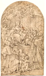Den tronande Madonnan med barnet, flankerad av änglar och de heliga Carlo Borromeo och Ignatius av Loyola