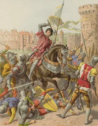 Jeanne DArc tillfångatagen i Compiegne (chromolitho)