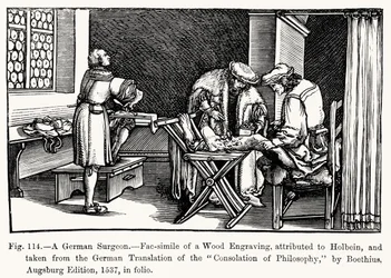 En tysk kirurg, från Consolation of Philosophy av Boethius, illustration från vetenskap och litteratur under medeltiden och renässansen, skriven och graverad av Paul Lacroix, 1878 (bw ph)
