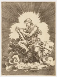 Saint John, skriver, sittande på en örn