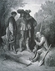 Illustration för The Old Man and the Three Young Men, från Fables av Jean de La Fontaine (1621-95)