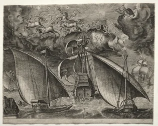 Segelfartyg: Två galärer som seglar bakom en beväpnad tremästare med Phaeton och Jupiter i himlen