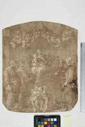 Madonna och barn med Sts Peter, Bernard (eller Bruno), James, Augustine och fyra änglar, Madonna del Baldacchino