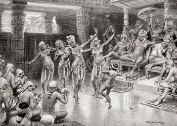 Ett 1800-talskonstnärsintryck av Gautamiputra Satakarani som firar sin seger över Nahapana, från Hutchinsons History of the Nations, pub.1915