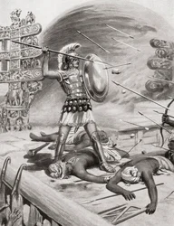 Alexander den store slåss mot Assacani i den befästa staden Massaga, Indien under sin indiska kampanj 326 f.Kr., från Hutchinsons History of the Nations, pub.1915