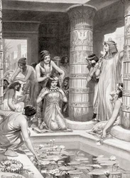 Gäster som anlände till middag i det antika Egypten fick vatten för att tvätta sina fötter och händer, smorda med doftande olja och krönta med girlander av blommor, från Hutchinsons History of the Nations, pub