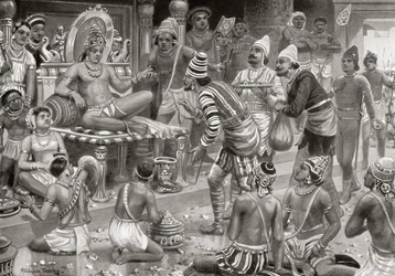Pulakeshin II, Chalukaya, som tar emot sändebud från Persien i Badami, från Hutchinsons History of the Nations, pub.1915