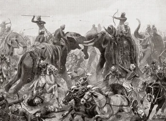 Pulakeshin Chalukhyas nederlag av Narasimhavarman I vid Badami 642 AD, från Hutchinsons History of the Nations, pub.1915