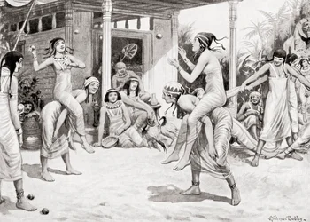 Unga flickor som spelar boll i form av en dans i det antika Egypten, från Hutchinsons History of the Nations, pub.1915