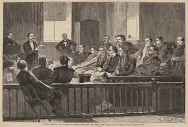 Jurymedlemmar lyssnar på ombud, Högsta domstolen, New City Hall, New York