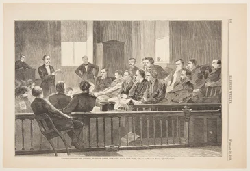 Jurymedlemmar lyssnar på ombud, Högsta domstolen, New City Hall, New York