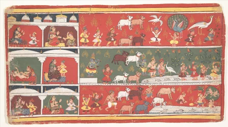Bakasura, kran-demonen, anländer till Brindavan: Sida från en spridd Bhagavata Purana (Forntida berättelser om Lord Vishnu)