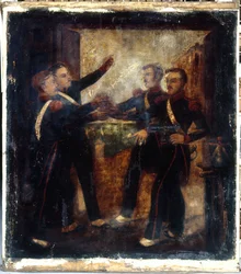 Franska: Aux quatre sergents de La Rochelle. Värdinnans skylt. 3, boulevard Beaumarchais, 4:e arrondissementet, Paris