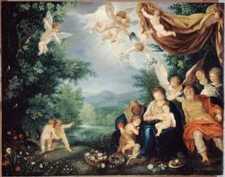 Franska: Le Repos de la Sainte Famille pendant la fuite en Égypte (Den heliga familjen vilar under flykten till Egypten)
