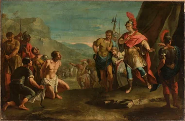 Dareios mördare inför Alexander (kung Poros och Alexander den store)