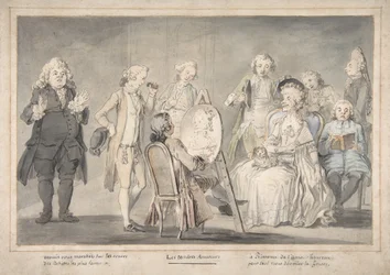 Satirisk teckning: Konstnär som målar en gammal dams porträtt, 1729-1804.