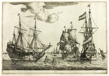 Tre förtöjda segelfartyg, från Tretton marinscener