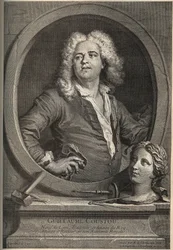 Porträtt av Guillaume Coustou (1677-1746) fransk skulptör - gravyr av Larmessin efter J.de Lien