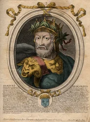 Porträtt av Merovee eller Merovech, franckung (v448-v458), första kung av den merovingerska rasen - Porträtt av Merovech (Meroveus) (d456) Kung av Salian Franks - gravyr från 