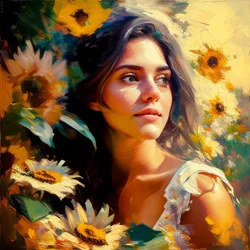 En vacker flicka i naturen, omgiven av solrosor, Konstmålning Väggkonst | Canvastavlor