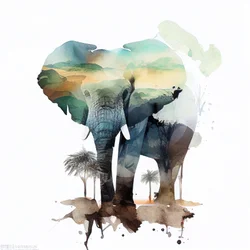 Akvarell elefant och afrikansk savannmålning, väggkonsttryck