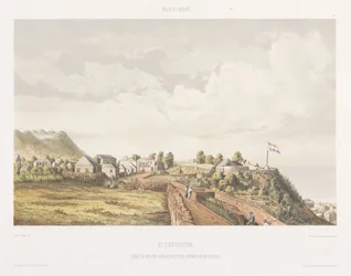 Utsikt över Fort Oranje och De Krater på St. Eustatius Utsikter från Nederländernas Västindien (serietitel)