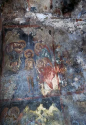Kristus och änglar, fresk i den bysantinska kyrkan Agios Konstantinos och Agia Eleni, Voukolies, Kreta, Grekland (foto)