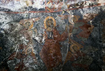 Kristus med änglar och helgon, fresk i kyrkan Panagia, Kitiros, Kreta, Grekland (foto)
