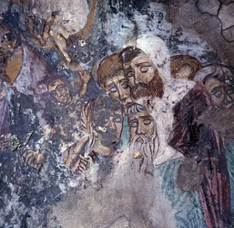Grupp män, fresk i kyrkan i Kandanos, Kreta, Grekland (foto)